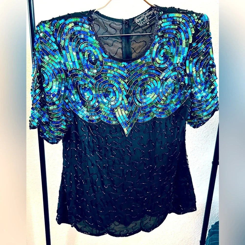 Vintage Sequin and Beaded 100% Silk Blouse- Size Medium - Picture 1 of 4